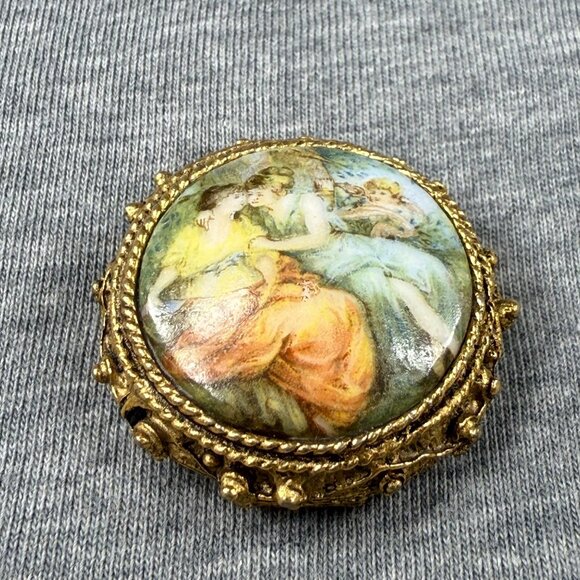 Vintage Victorian-Style Hand-Painted Porcelain Brooch With Gilded Filigree Frame - Picture 9 of 16